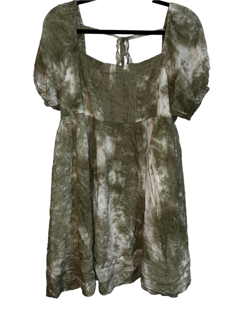 Blu Pepper Dress Womens L Olive Tie Dye Swiss Dot Boho Cottagecore Puff Sleeve